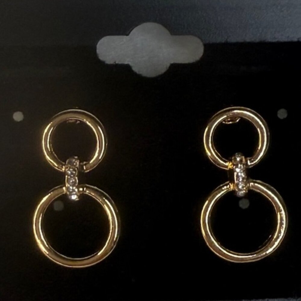 Gold Double Hoop Drop Earrings with Rhinestone Accent NWT